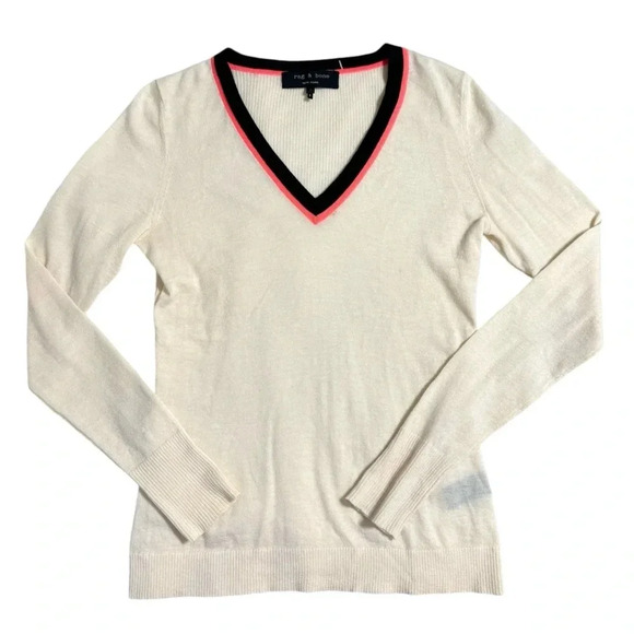 Rag & Bone Cashmere Wool Cream V-Neck Sweater Small Striped Neon Pink Black Neck - Picture 1 of 7